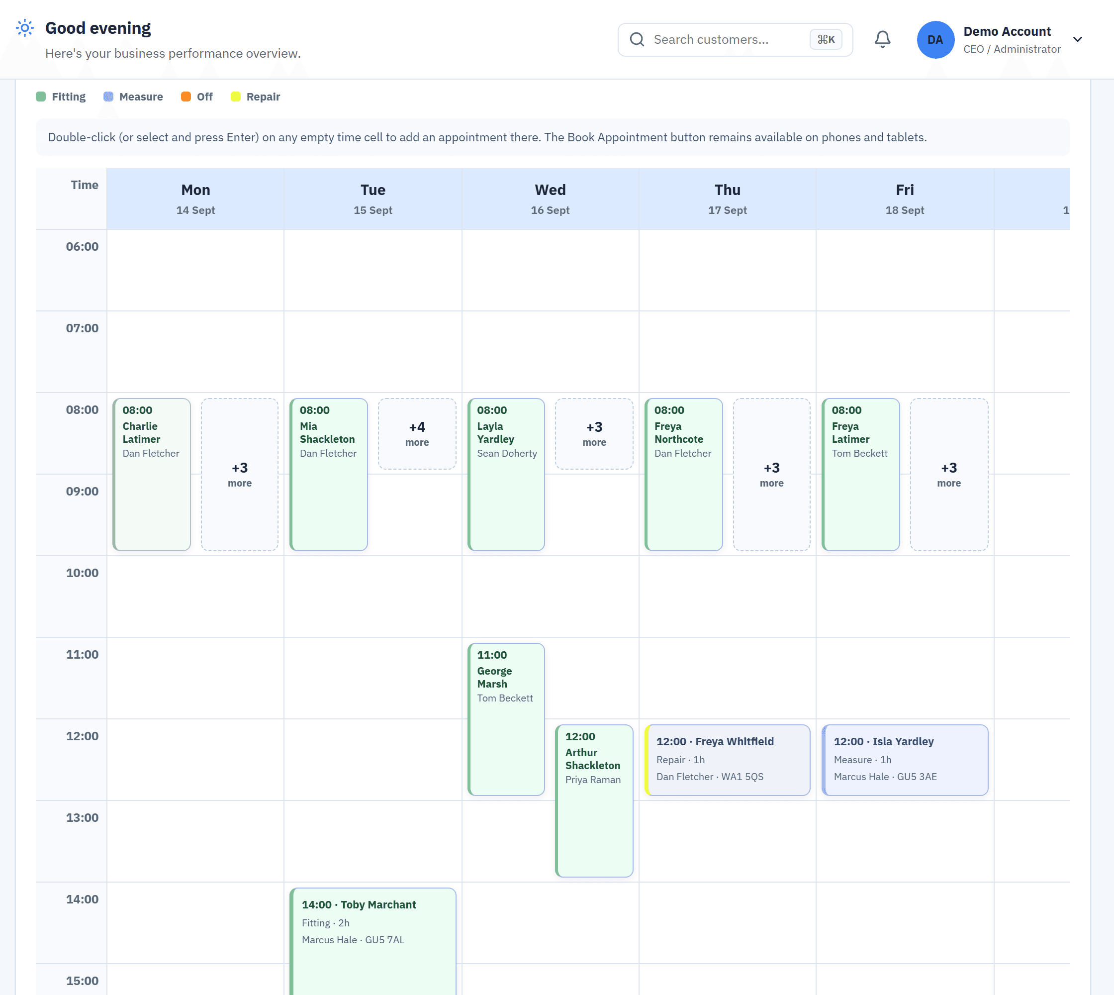 The Blinds Base calendar in week view, from the live demo: each fitter's measures and fittings across the week, hour by hour.