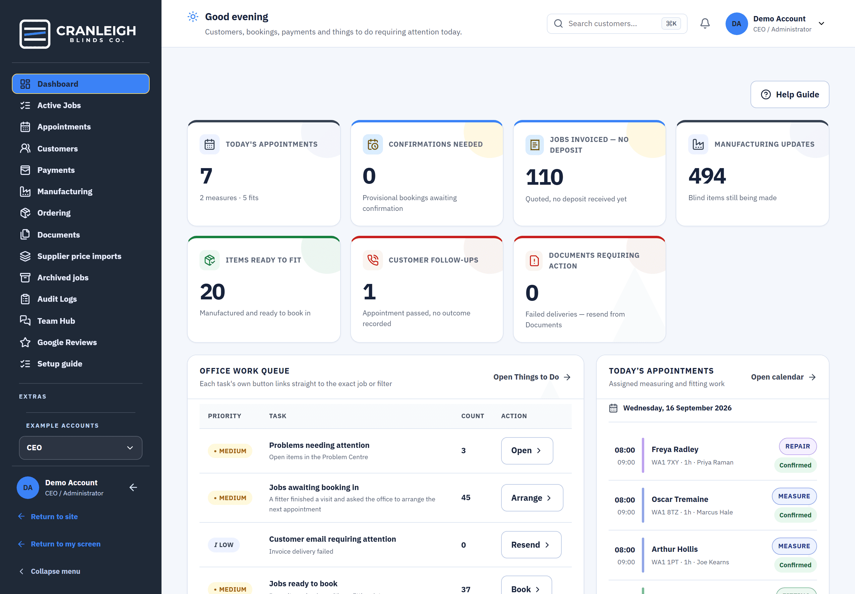 The office dashboard in Blinds Base: today's appointments, confirmations needed, jobs invoiced with no deposit, manufacturing updates, items ready to fit, customer follow-ups, and the office work queue